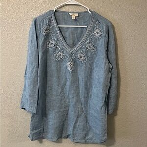 Embroidered Blue Women's 100% Linen‎ Tunic